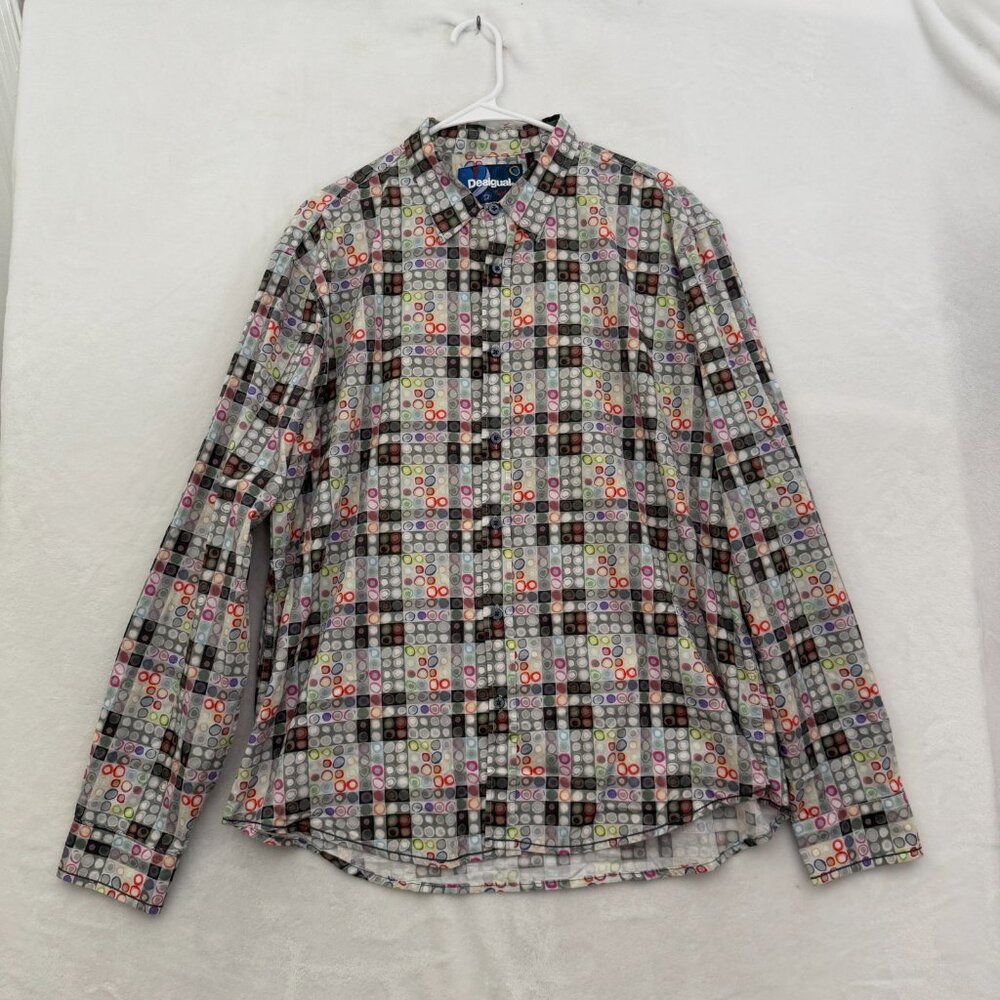 Desigual Shirt Mens 2XL Gray  Geoemetric Casual Button Up